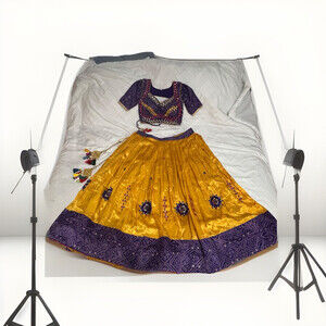 Afghan Wedding Mirror 2 pc Indian Wear Heavy 3 Layer Skirt Crop Top Sz L embroid